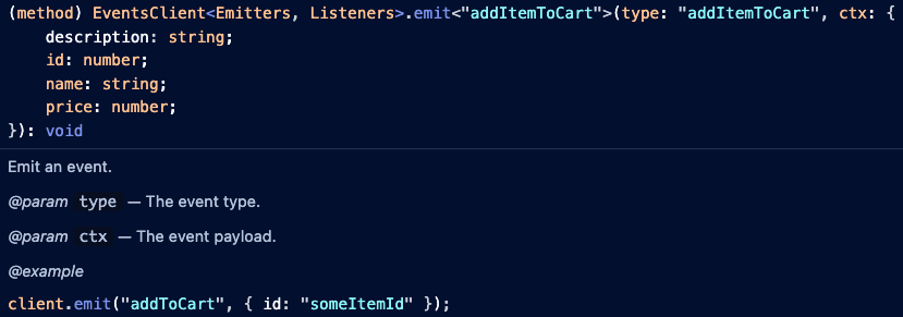 addItemToCart event type definitions in-editor