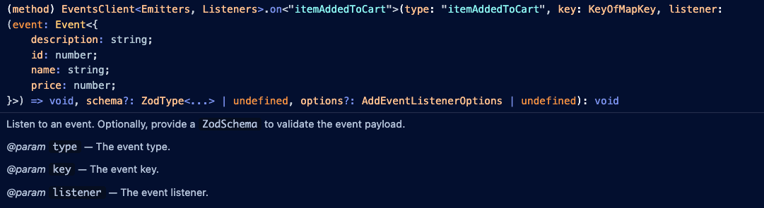 itemAddedToCart event type definitions in-editor