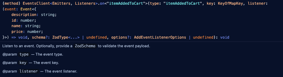 itemAddedToCart event type definitions in-editor